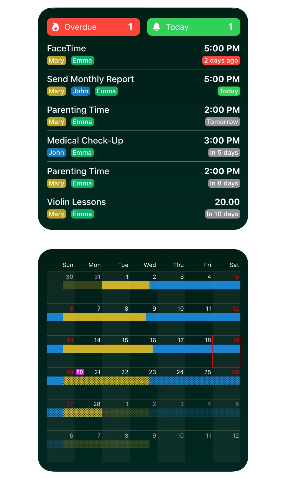 Home Screen Widgets: Planned Events, Parenting Time Calendar