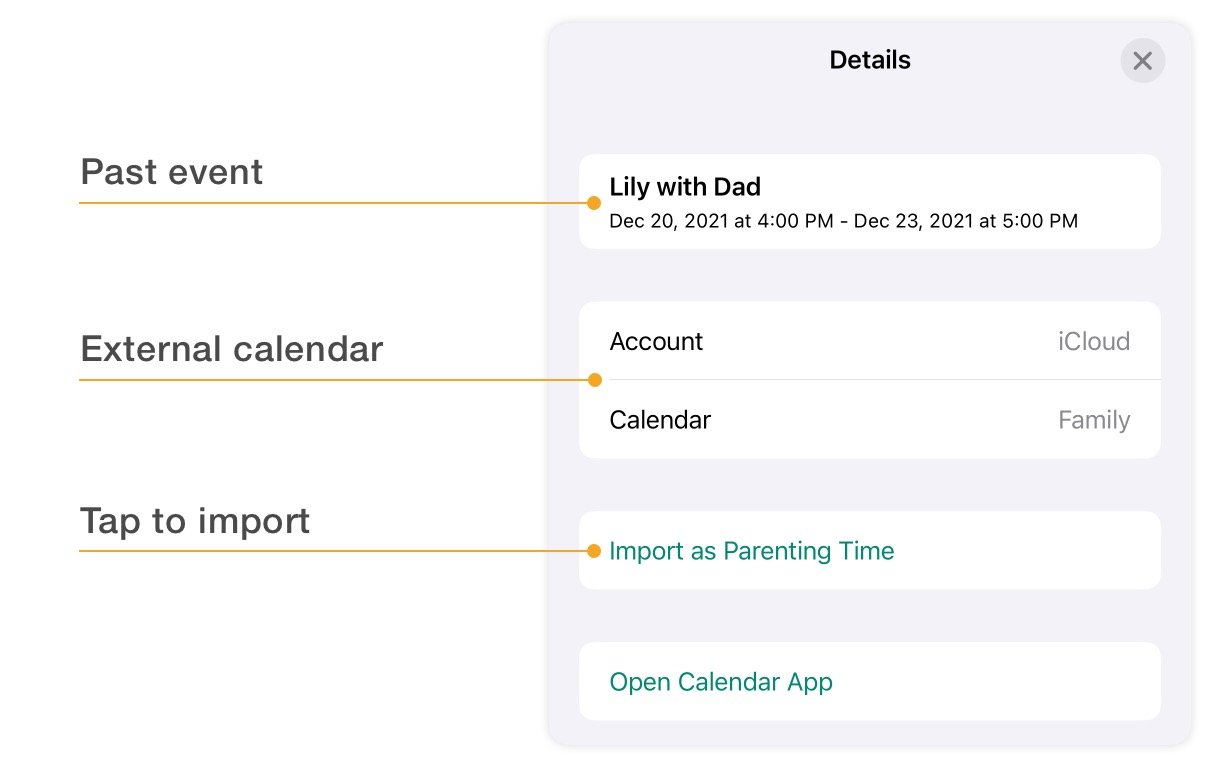 Importing custody history from an external calendar, e.g. Google Calendar