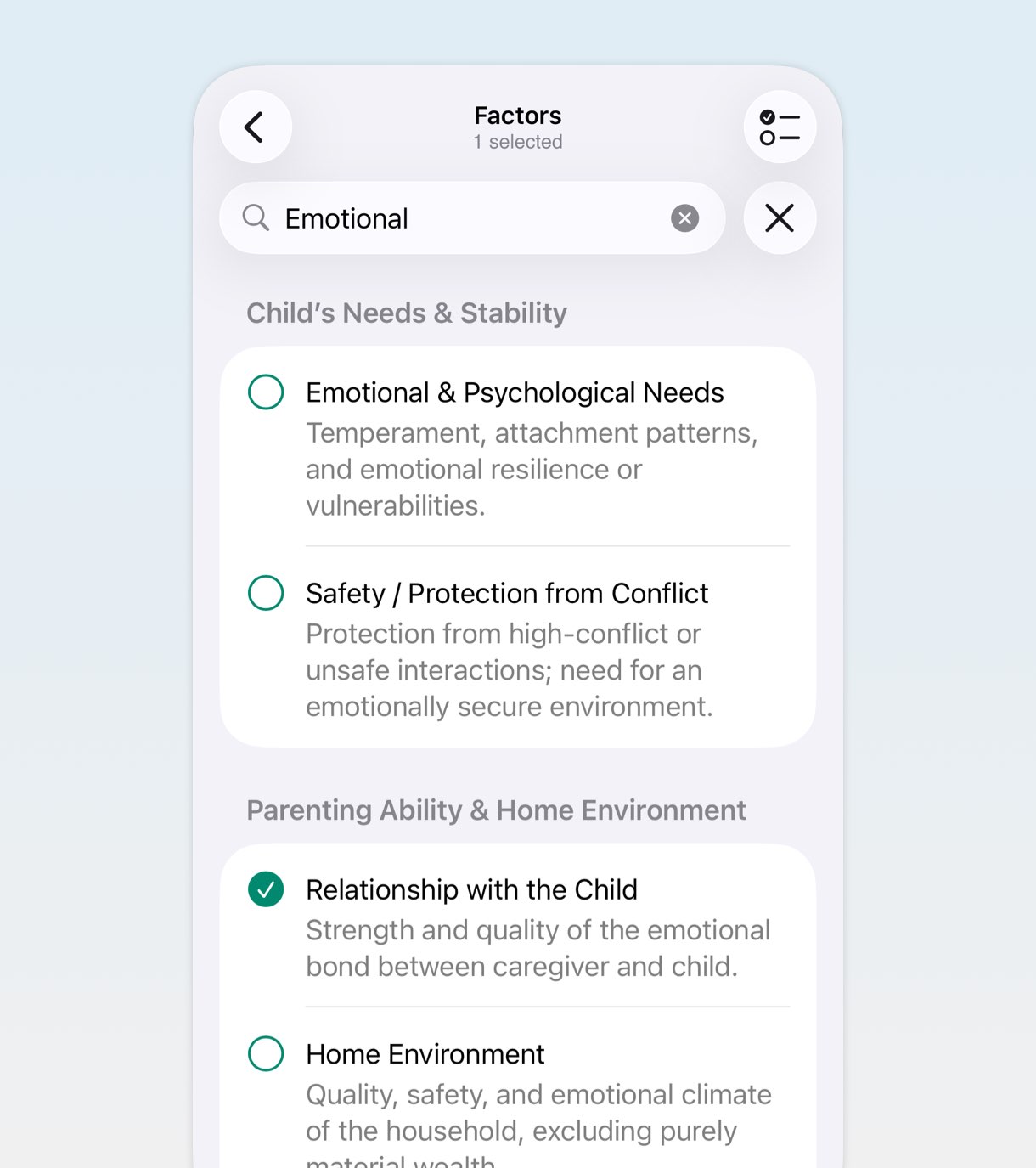 Custody factors picker showing selected factors