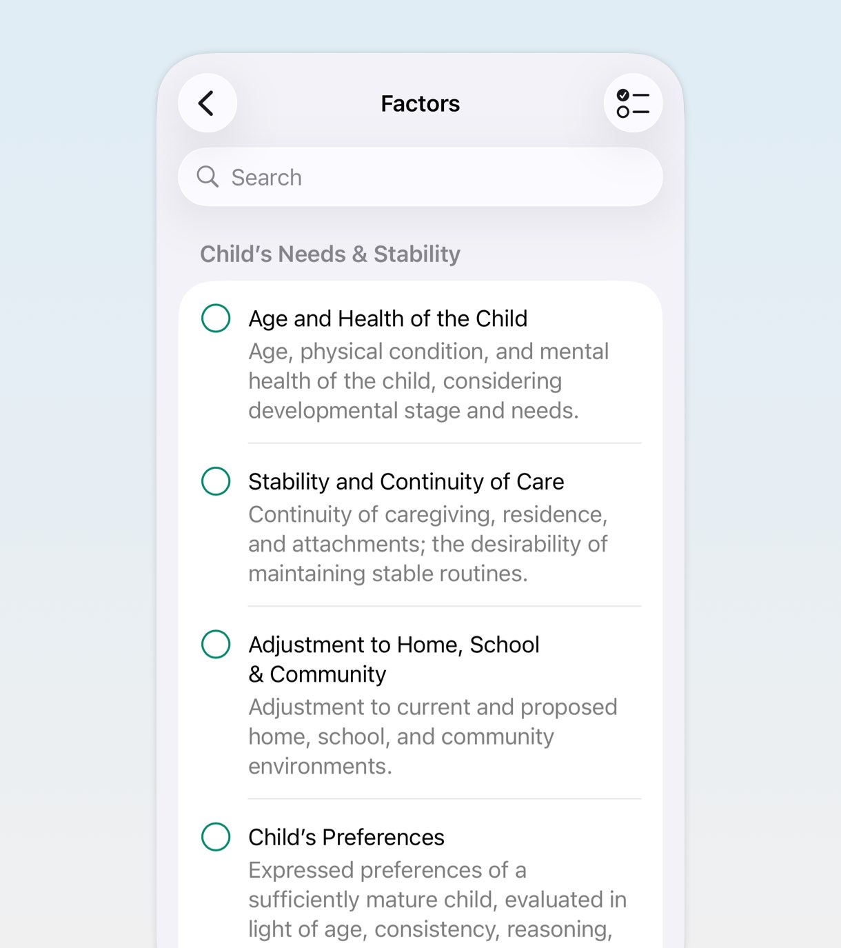 Custody factors picker with search