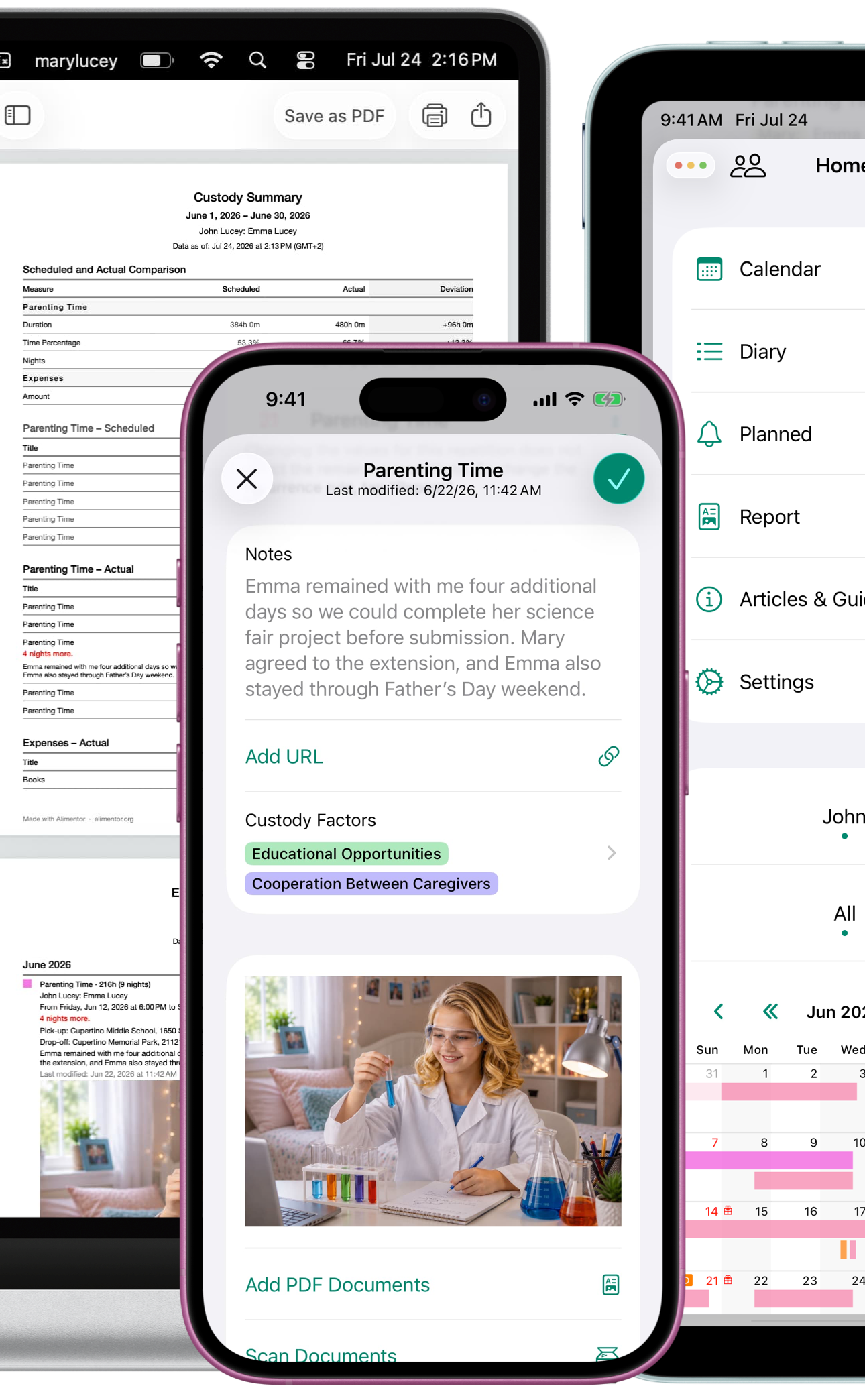 Alimentor child custody documentation tools on iPhone, iPad, and Mac.